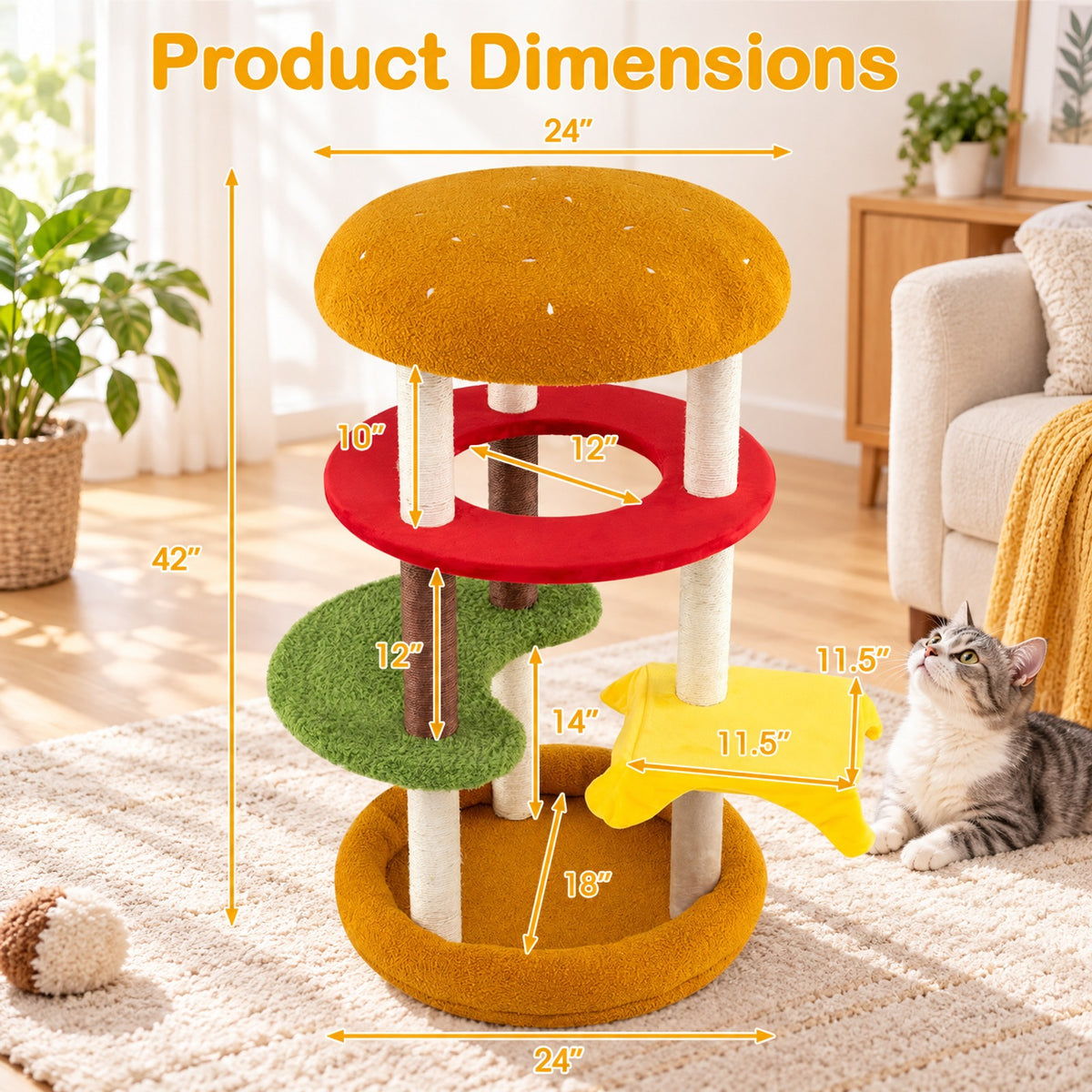Airfind 42 Inch Tall Modern Cat Tree Multi-Level with Padded Perch and Cat Bed, 22 lbs Capacity, 24in x 42in (Dia. x H) Perch Footprint, Yellow