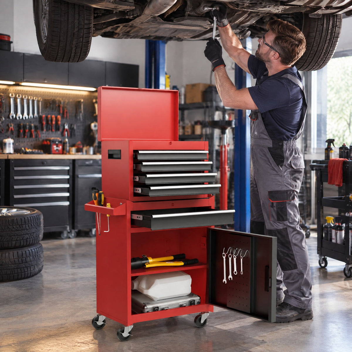 Airfind 2-in-1 Tool Chest and Cabinet with 5 Sliding Drawers-Black and Red, 220.5 lbs Capacity, Steel rubber-plastic synthetic Frame, Gray
