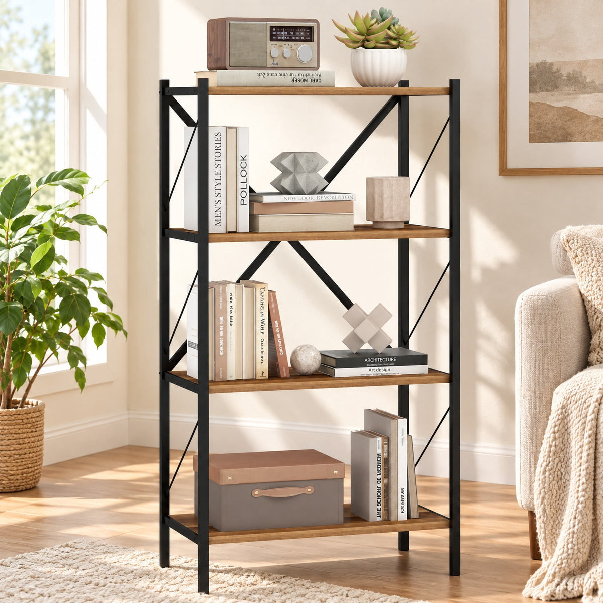 Airfind 4-Tier Bookshelf with Heavy-Duty Metal Frame, 5.5 lbs Capacity, Metal Engineered Wood Frame, Walnut
