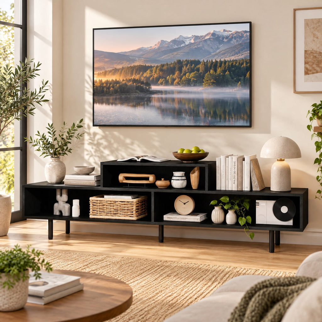 Airfind 3 Cubby TV Stand for TVs up to 70 Inch Entertainment Center with Open Storage Compartments, 155 lbs Capacity, 63 Inch x 12 Inch x 18 Inch Footprint