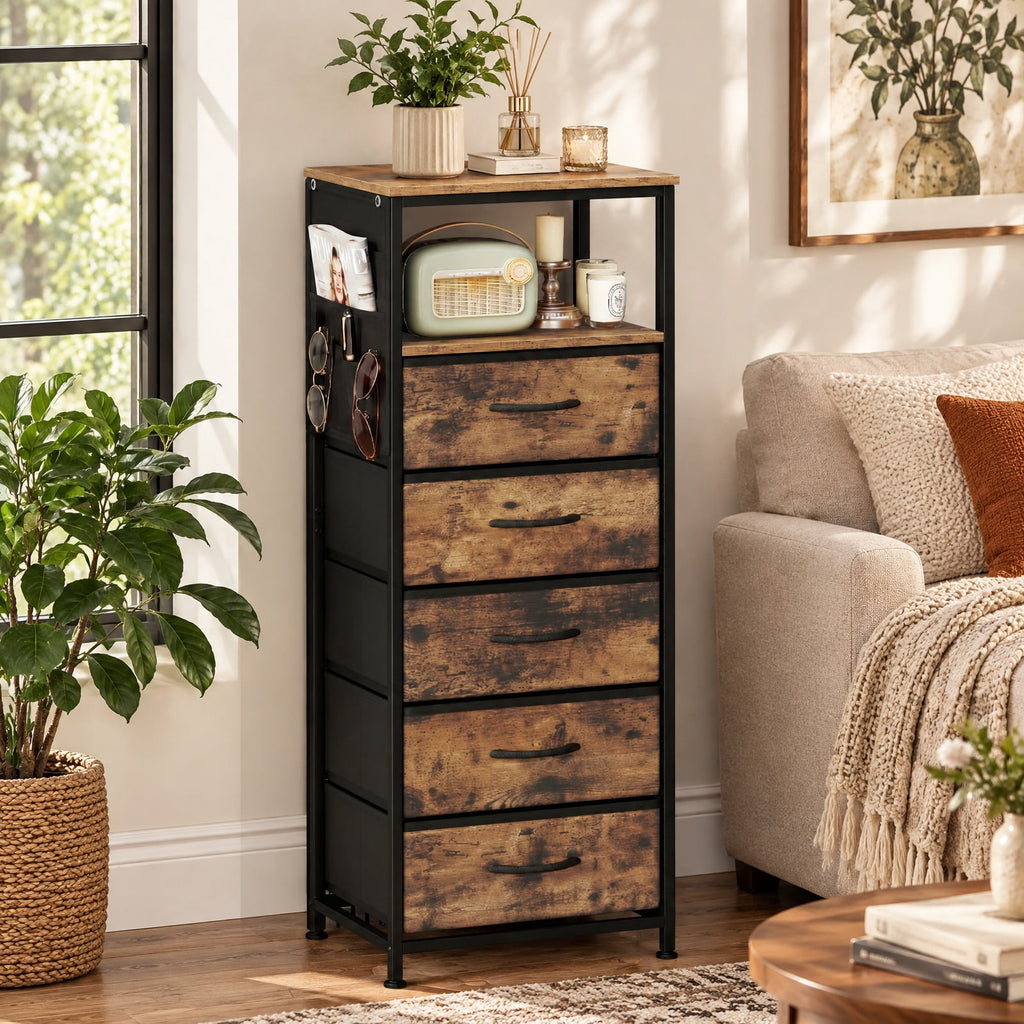 Airfind Nightstand with Integrated Charging Station 39 Inches Modern Bedside Table, 56 kg/123.5 ls Capacity, Metal MDF Non-Woven Fabric Frame, Brown