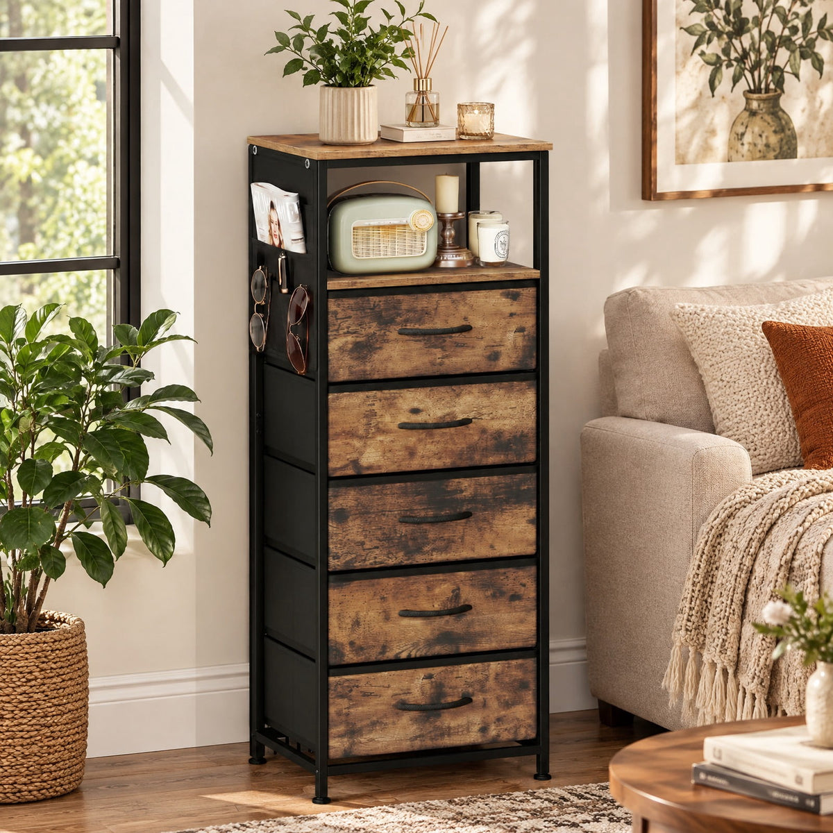 Airfind Nightstand with Integrated Charging Station 39 Inches Modern Bedside Table, 56 kg/123.5 ls Capacity, Metal MDF Non-Woven Fabric Frame, Brown