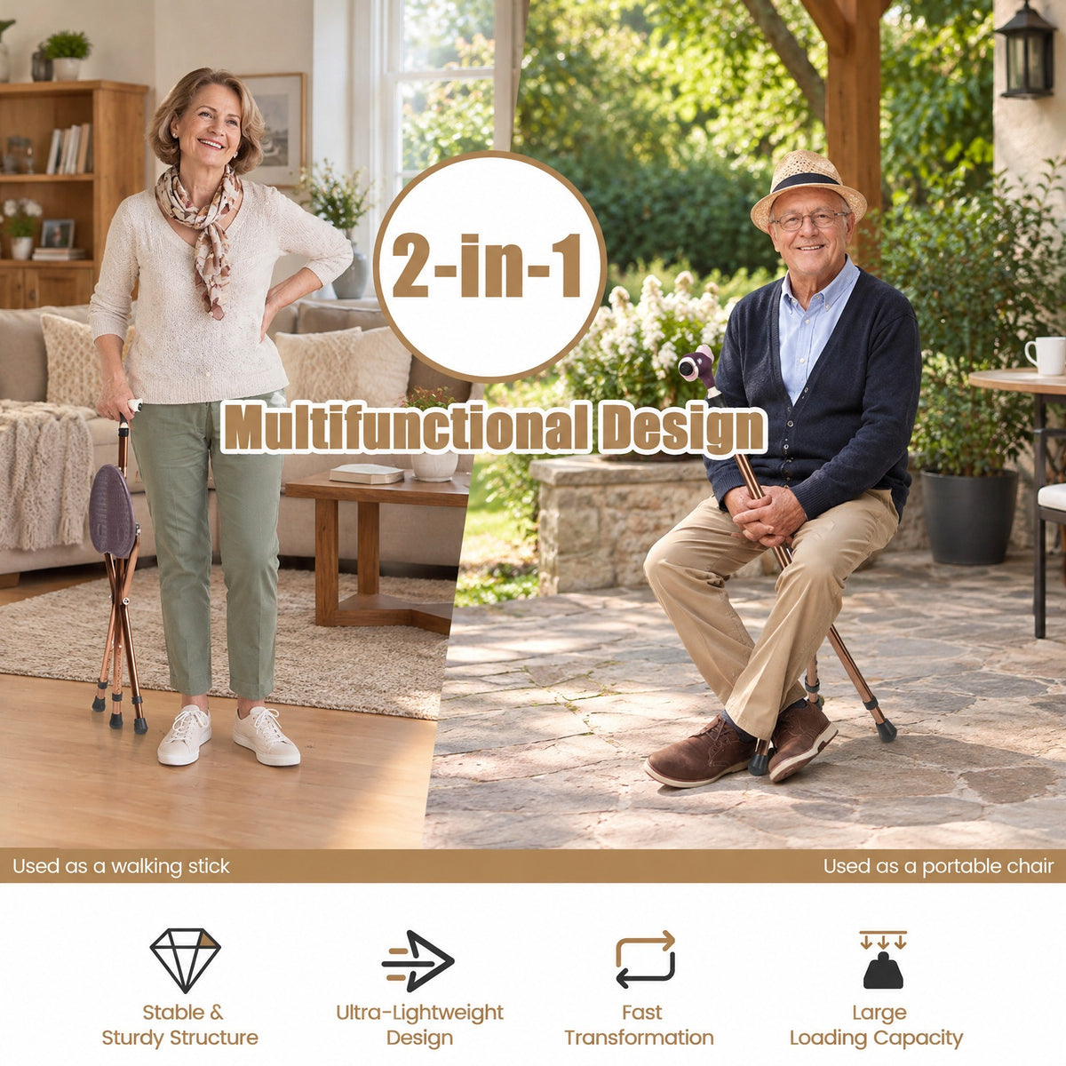 Airfind Lightweight Adjustable Folding Cane Seat with Light, 220 lbs Capacity, 10 x 8.5 Footprint, Brown