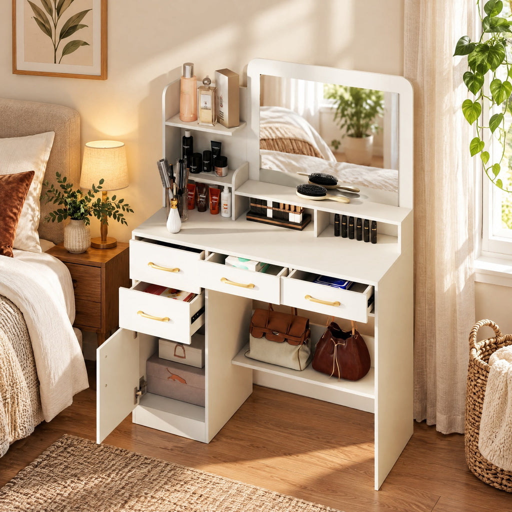 Airfind 39.5 Inch Vanity Desk with Power Outlets and Mirror for Bedroom, 85 lbs Capacity, 39.5in x 15.5in x 53inMirror Footprint, White