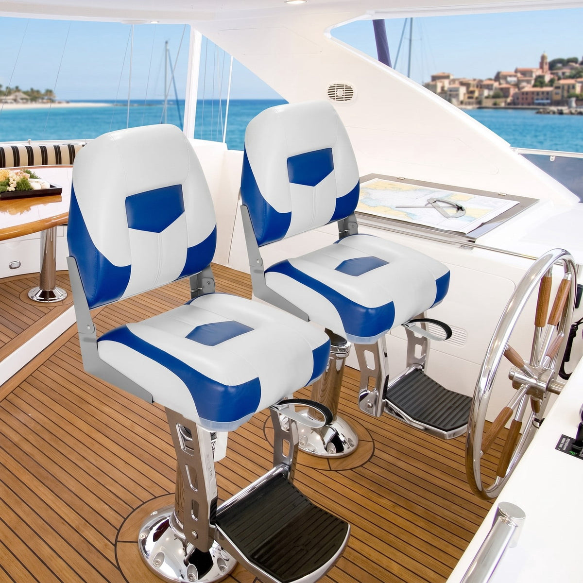 Airfind Folding Low Back Fishing Boat Seats 2 Pack with Padded Cushion and Stainless Steel Screws for Jon Boats and Pontoon Fishing, Blue and White
