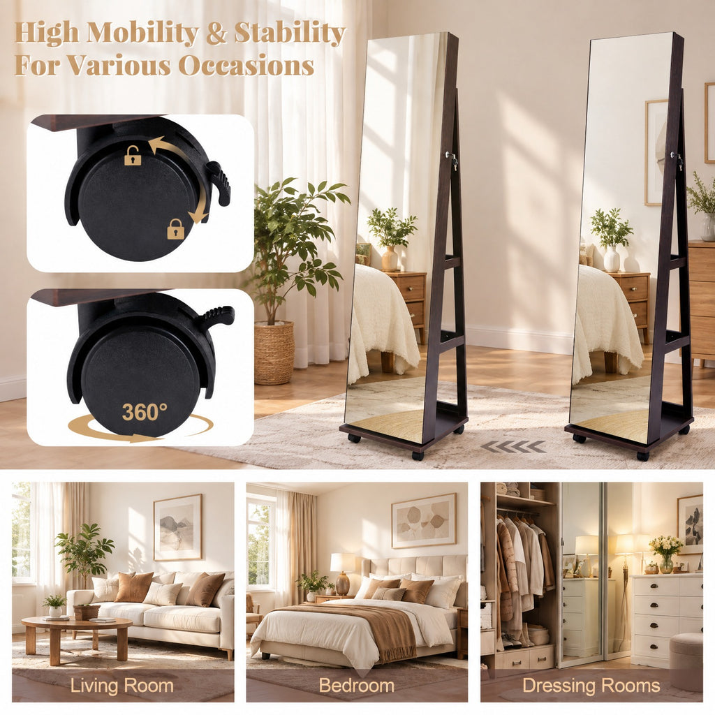 Airfind 64 Inches Lockable Jewelry Cabinet Armoire with Built-in Makeup Mirror, MDF Glass Acrylic Frame, 15.5in x 15in x 64in Full-Length Footprint