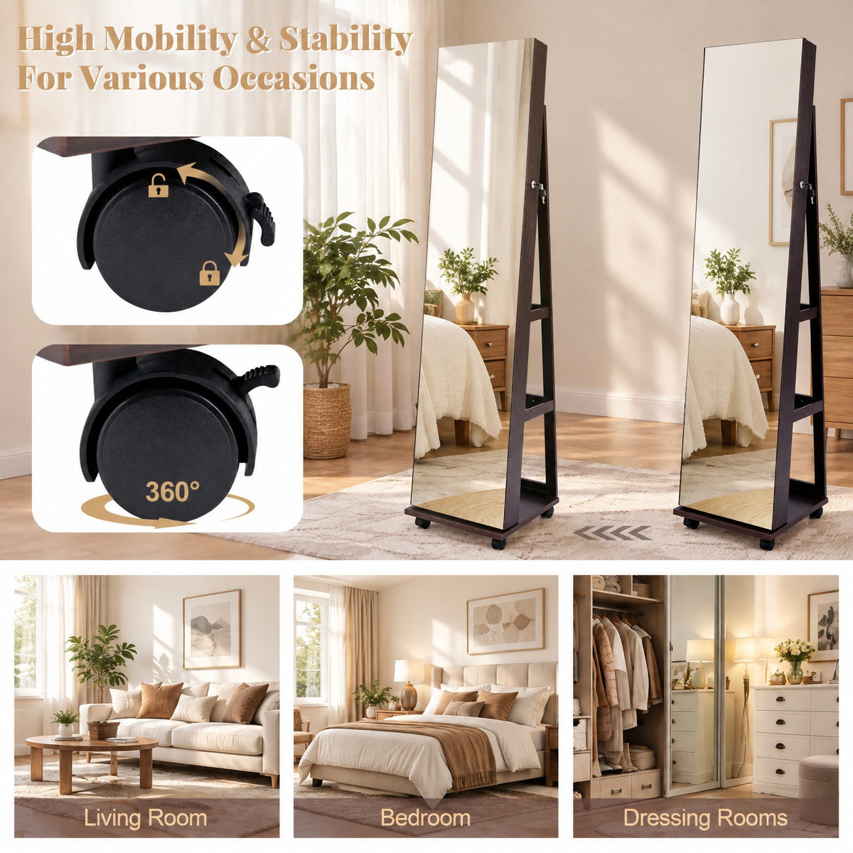 Airfind 64 Inches Lockable Jewelry Cabinet Armoire with Built-in Makeup Mirror, MDF Glass Acrylic Frame, 15.5in x 15in x 64in Full-Length Footprint
