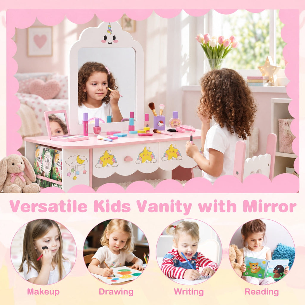 Airfind Youth Vanity Set Princess Girls Dressing Table featuring Mirror and Chair, 190 lbs Capacity, MDF Glass Frame, for 3-7 Years Old, White