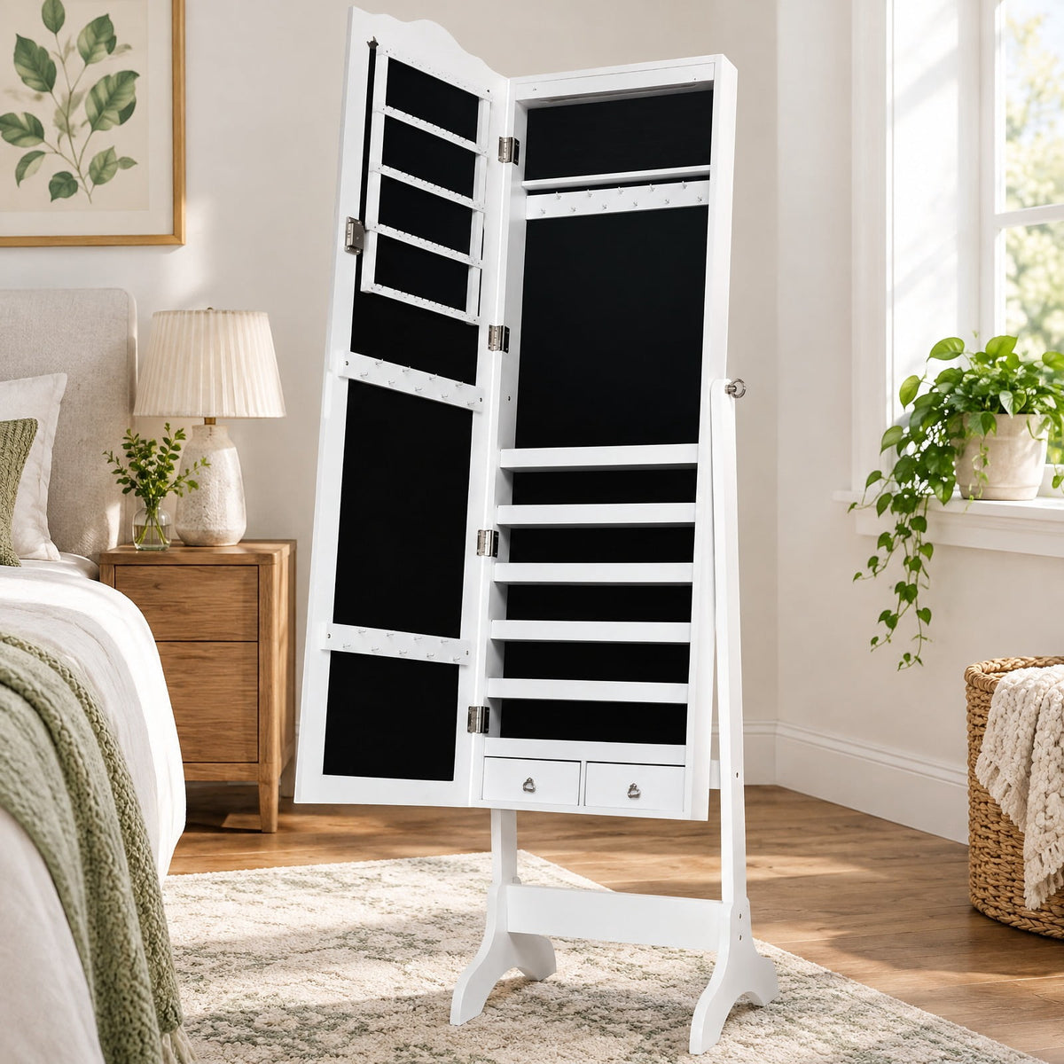Airfind 14 LED Jewelry Armoire Cabinet with Full Length Mirror and 4 Tilting Angles, MDF board Frame, 18 x 14.5 x 63 Footprint, White