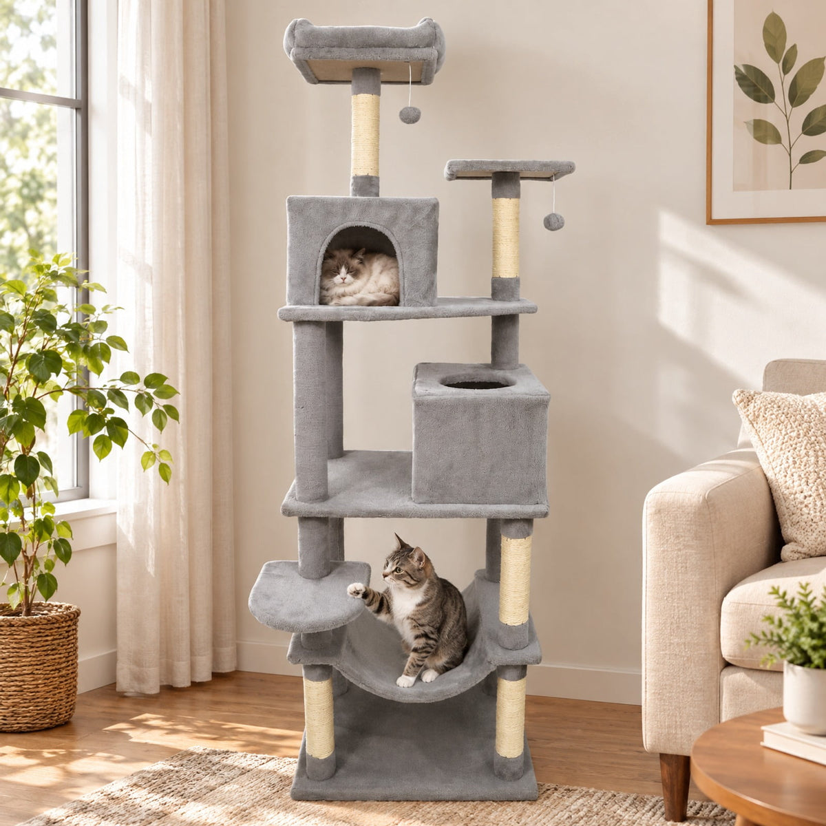 Airfind Multi-level Cat Tree Modern Cat Tower with Upholstered Perch and 2 Cat Condo, 24 x 18.5 Footprint, Gray