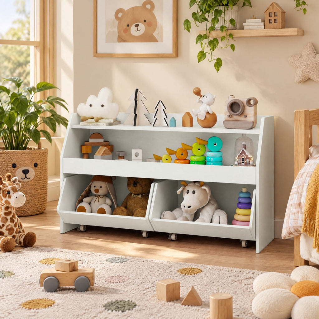 Airfind Kids Toy Storage Organizer Wooden Bookcase with 2 Movable Drawers, 176 lbs Capacity, Engineered Wood Frame, for 3+ Years Old Total, White