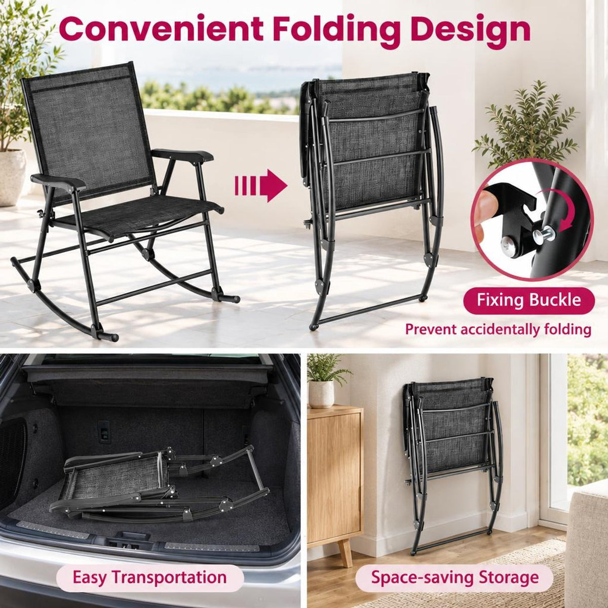 Airfind Folding Rocking Chair with Breathable Seat Fabric Set of 2, 330 lbs Capacity, Fabric Metal Frame, 32.5 x 25 x 36 Footprint, Black