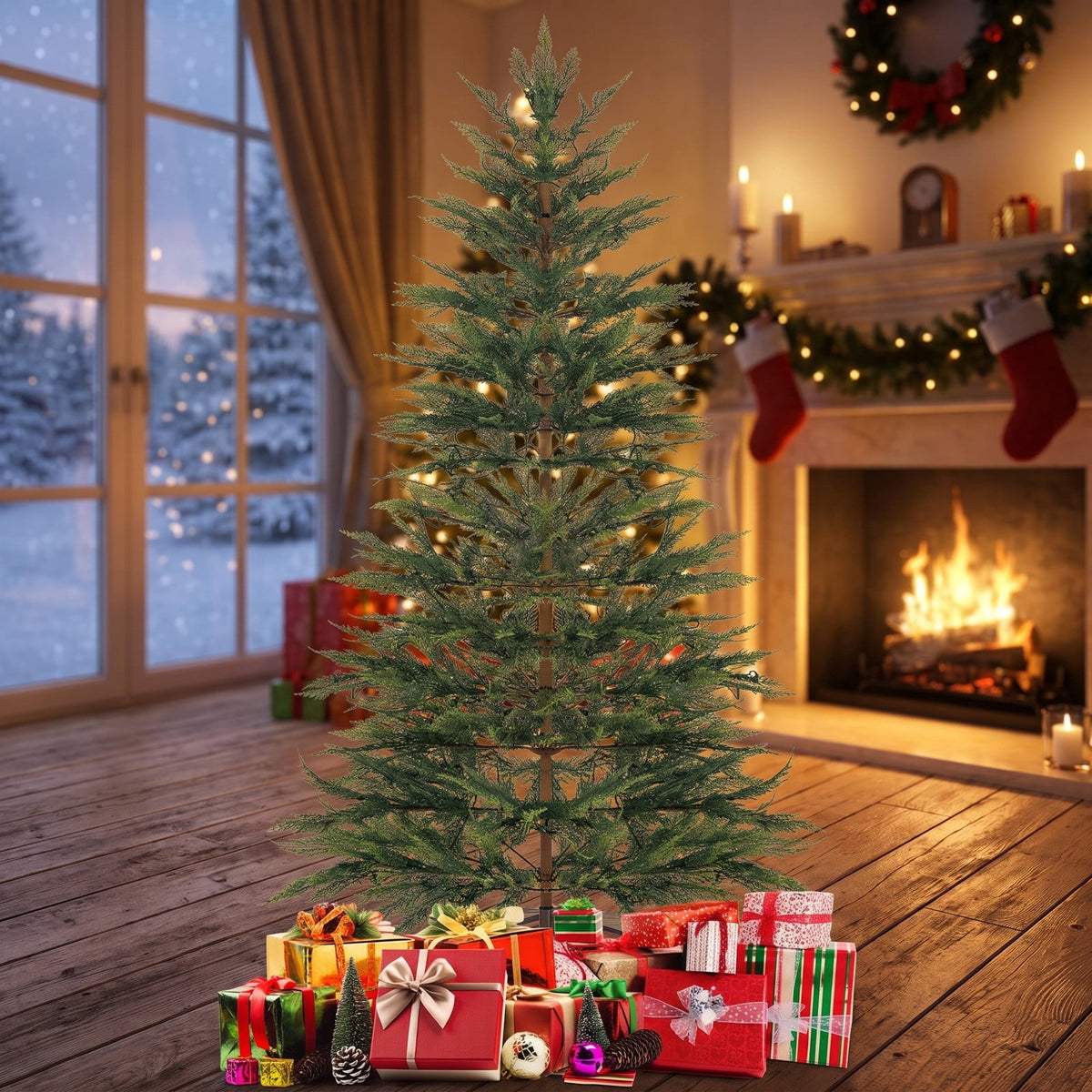 Airfind 6.5/7.5 Feet Artificial Cypress Christmas Tree Pre-lit Hinged-6.5 ft, PE Metal Tree Height 6.5 ft/7.5 ft Tree Width 4 ft Frame, Green