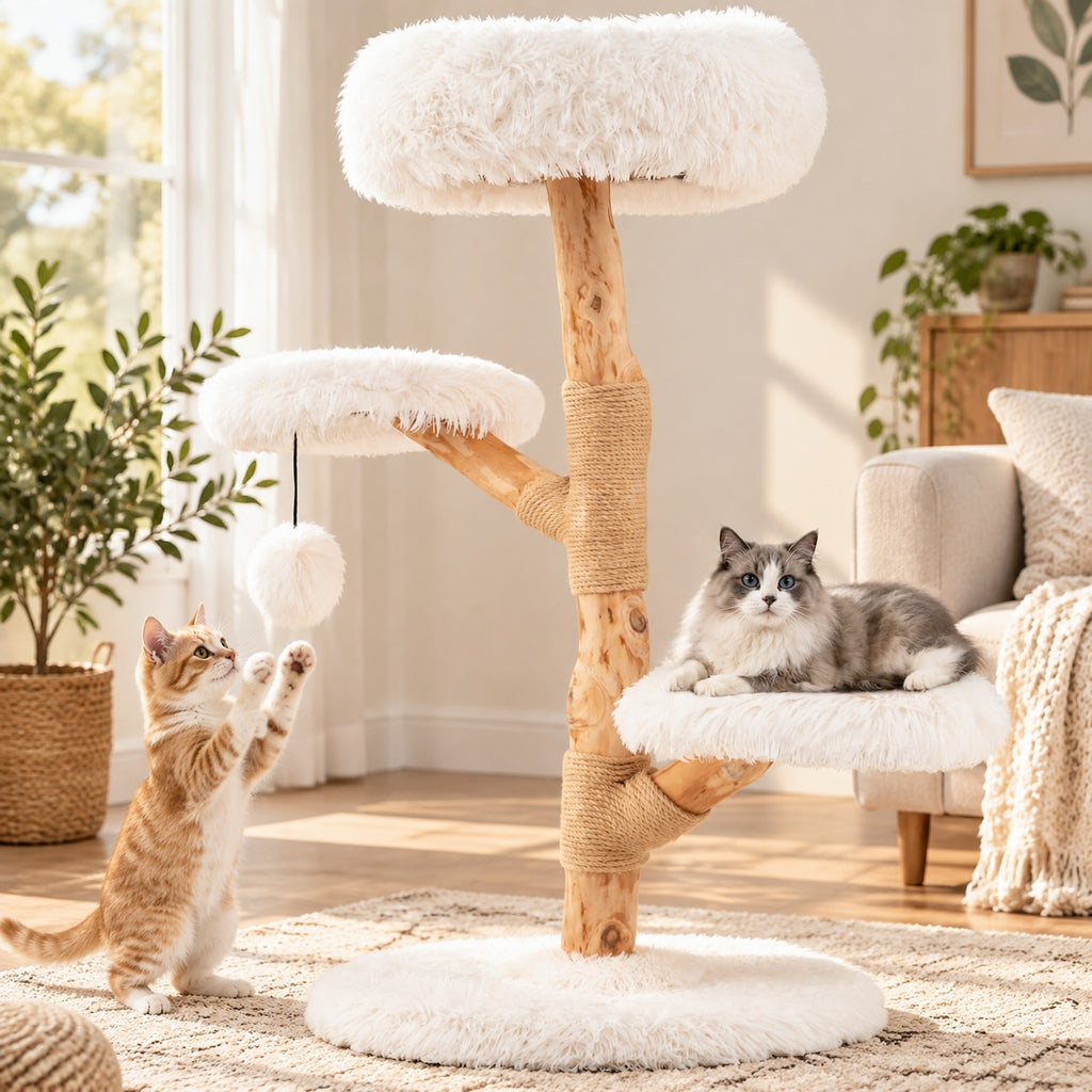 Airfind Cat Tree Solid Pear Wood with Perch and Natural Jute Scratching Posts, 22 lbs Capacity, Pear Wood Jute Long Plush Fabric Frame, White