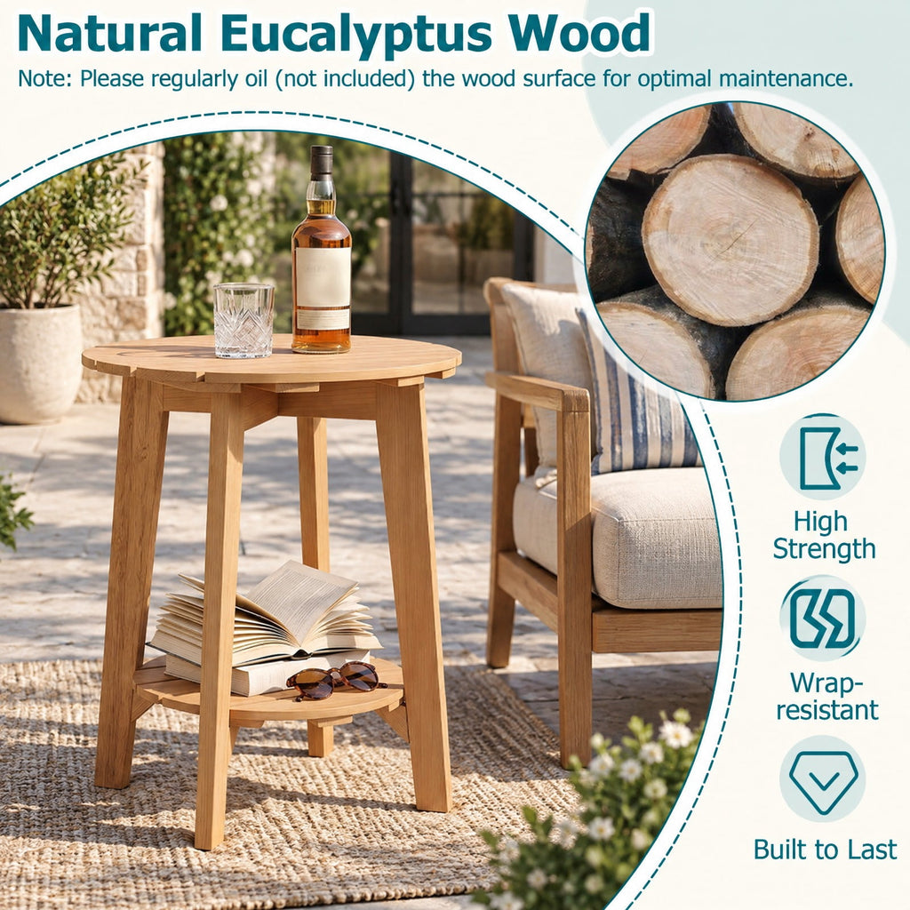 Airfind Set of 2 Eucalyptus Wood Side Table 2-Tier with Slatted Tabletop and Storage Shelf for Outdoor, 165 lbs Capacity, Eucalyptus Wood Frame