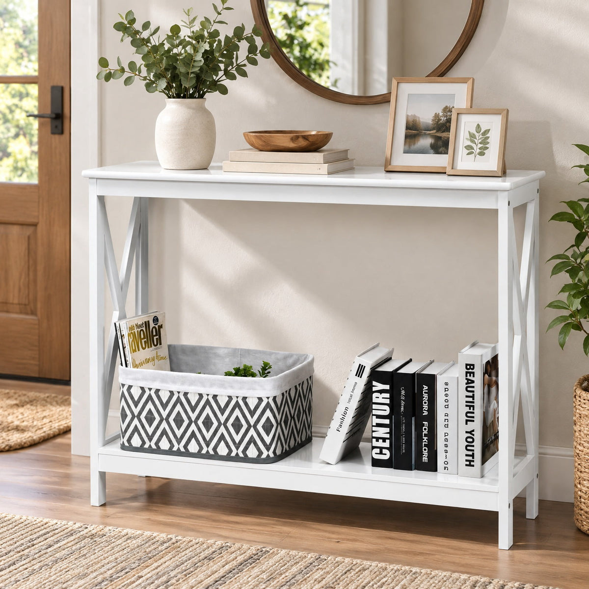 Airfind 2-Tier Console X-Design Sofa Side Accent Table, 66 lbs Capacity, P2 MDF Frame, 39.5 x 12 x 31.5 Footprint, White