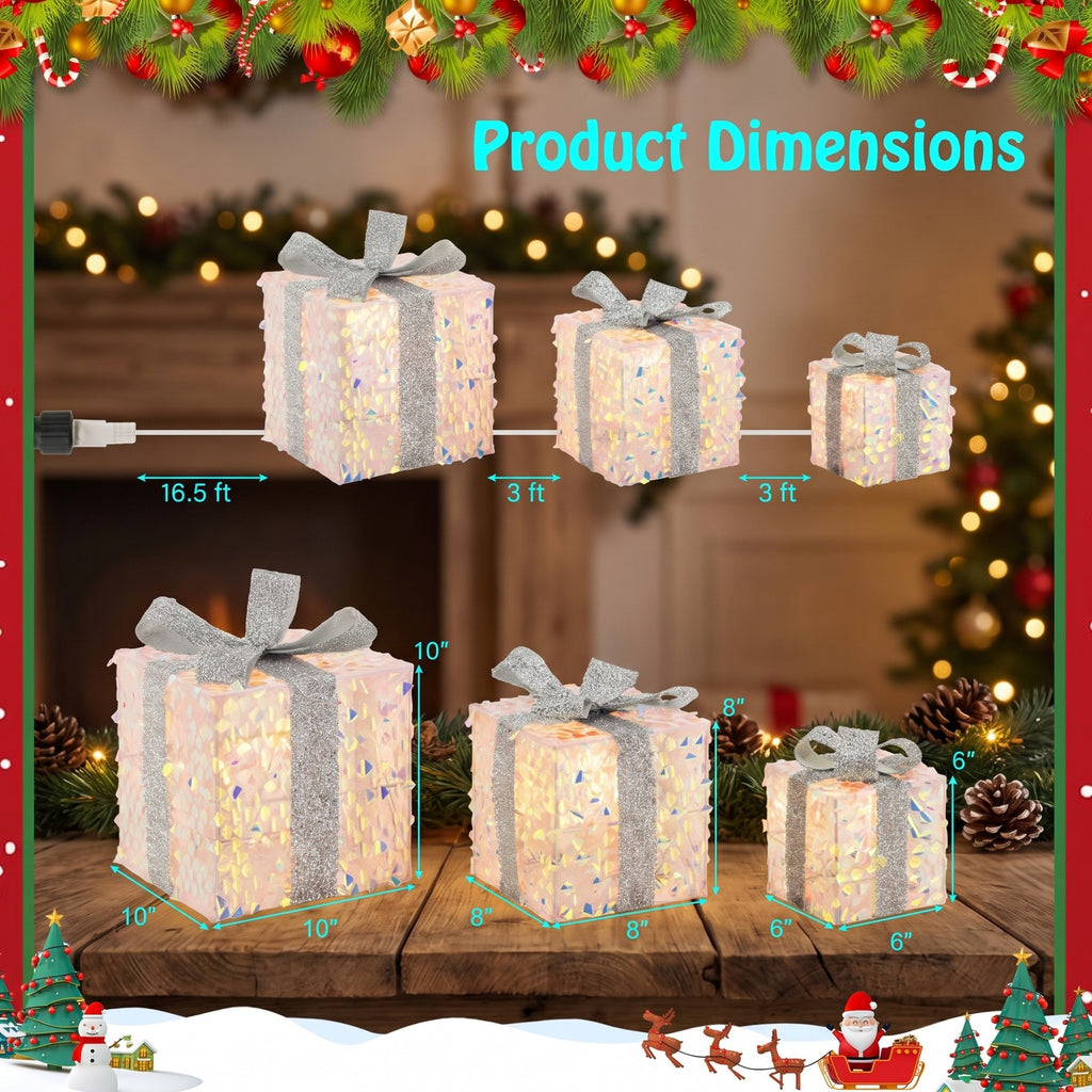 Airfind Set of 3 Christmas Lighted Gift Boxes with Pre-lit 90 LED Light and Bows, PVC Polyester Metal Frame, 10 x 10 x 10 Footprint