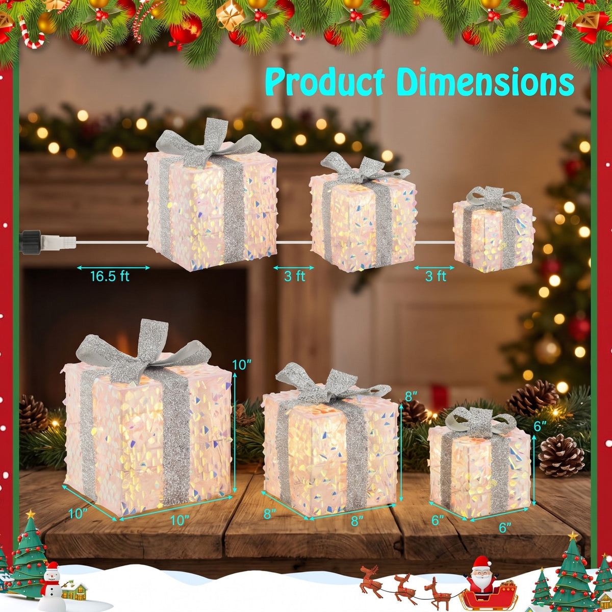Airfind Set of 3 Christmas Lighted Gift Boxes with Pre-lit 90 LED Light and Bows, PVC Polyester Metal Frame, 10 x 10 x 10 Footprint