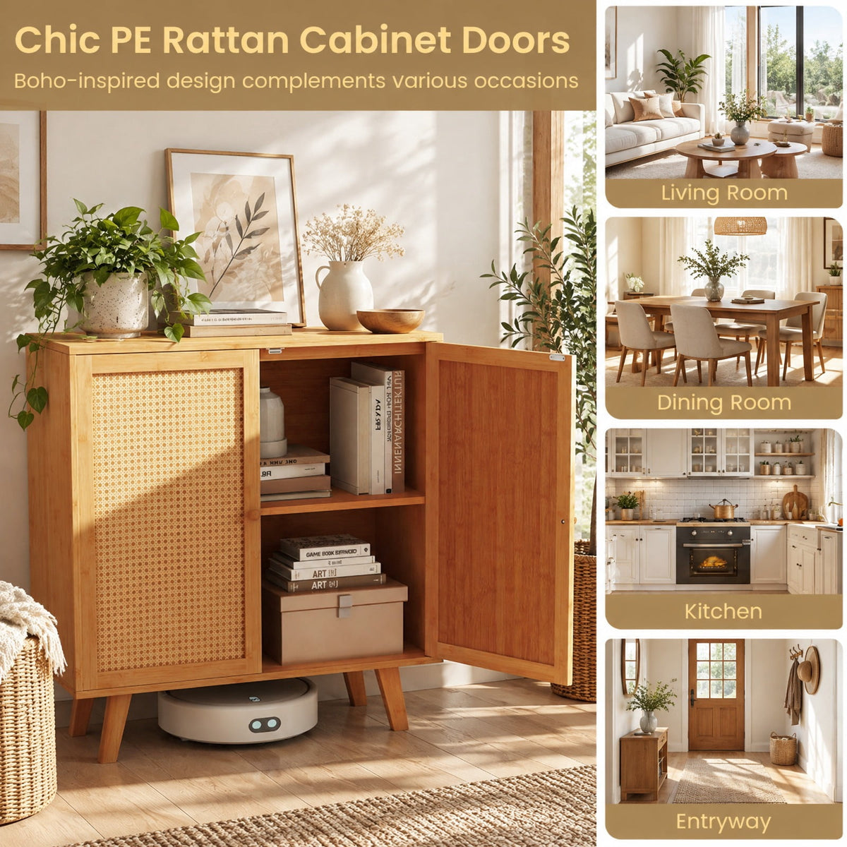 Airfind Bamboo Buffet Storage Cabinet with PE Rattan Doors and Freestanding Kitchen Cupboard, 110 lbs Capacity, Bamboo PE Rattan Frame, Natural