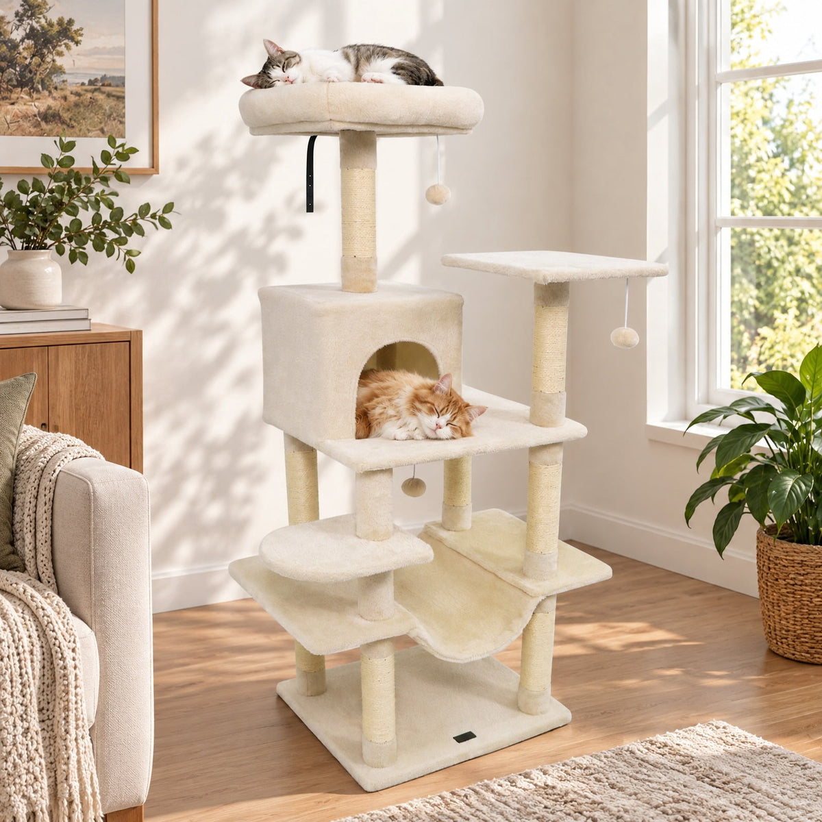 Airfind 58 Multi-Level Cat Tree Soft Plush Cat Tower with Padded Top Perch, PP Cotton Fabric Sisal Engineered Wood Overall Height 58 Base Frame