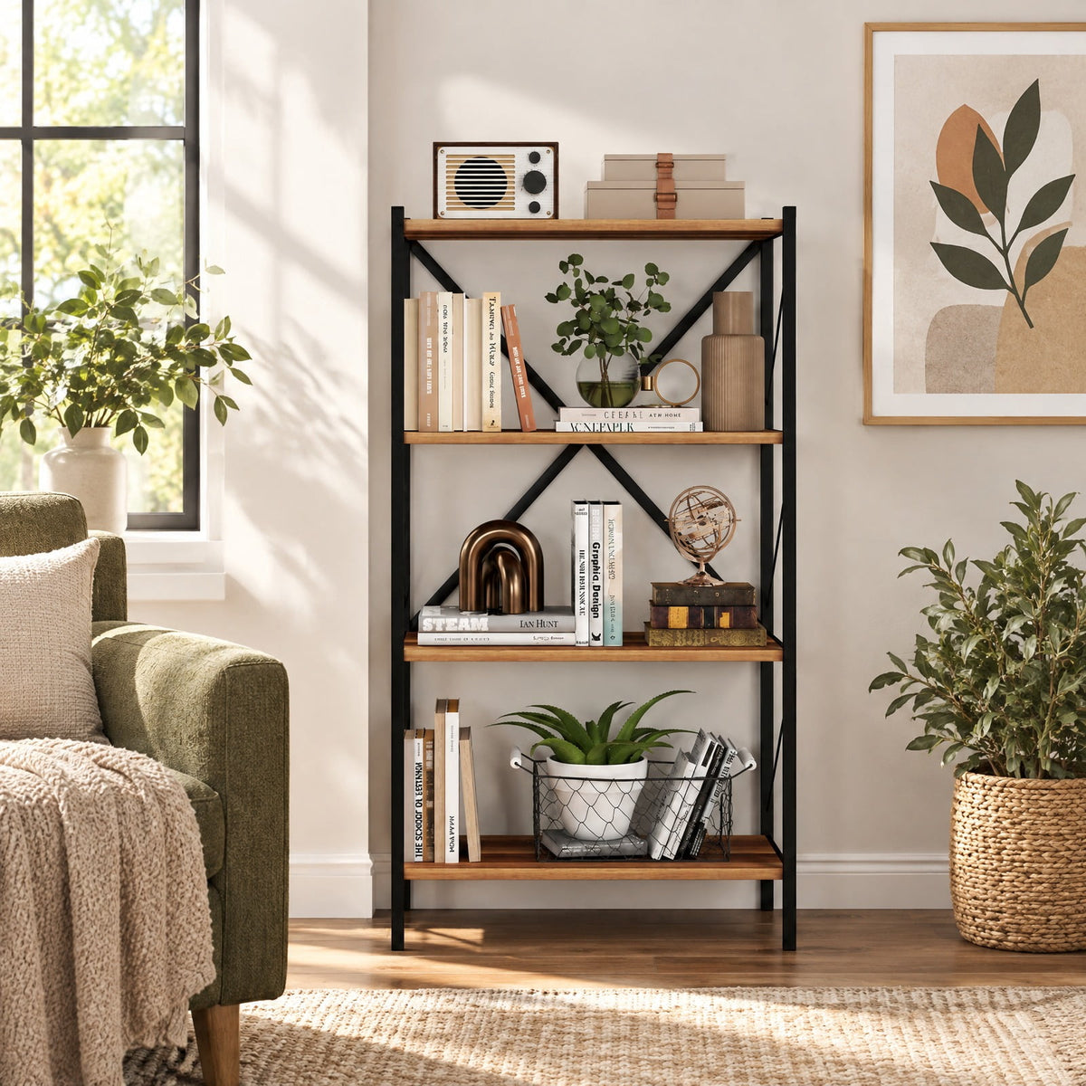 Airfind 4-Tier Bookshelf with Heavy-Duty Metal Frame, 5.5 lbs Capacity, Metal Engineered Wood Frame, Walnut