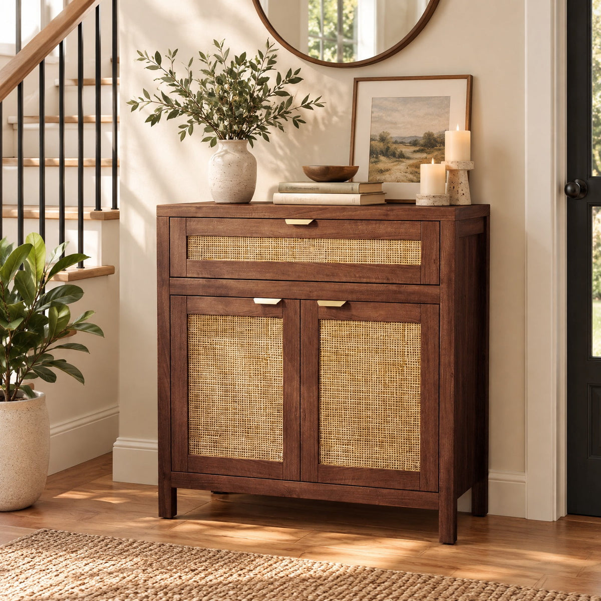 Airfind Sideboard Storage Cabinet with Rattan Doors and Drawer, 155 lbs Capacity, Engineered Wood MDF Rattan Metal Frame, Brown