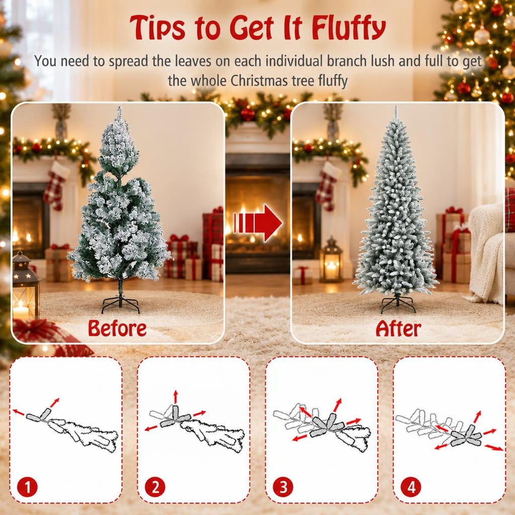 Airfind Snow-Flocked Hinged Artificial Christmas Pencil Tree with Mixed Tips-7.5 ft, White, Number of tips 373 829 1189