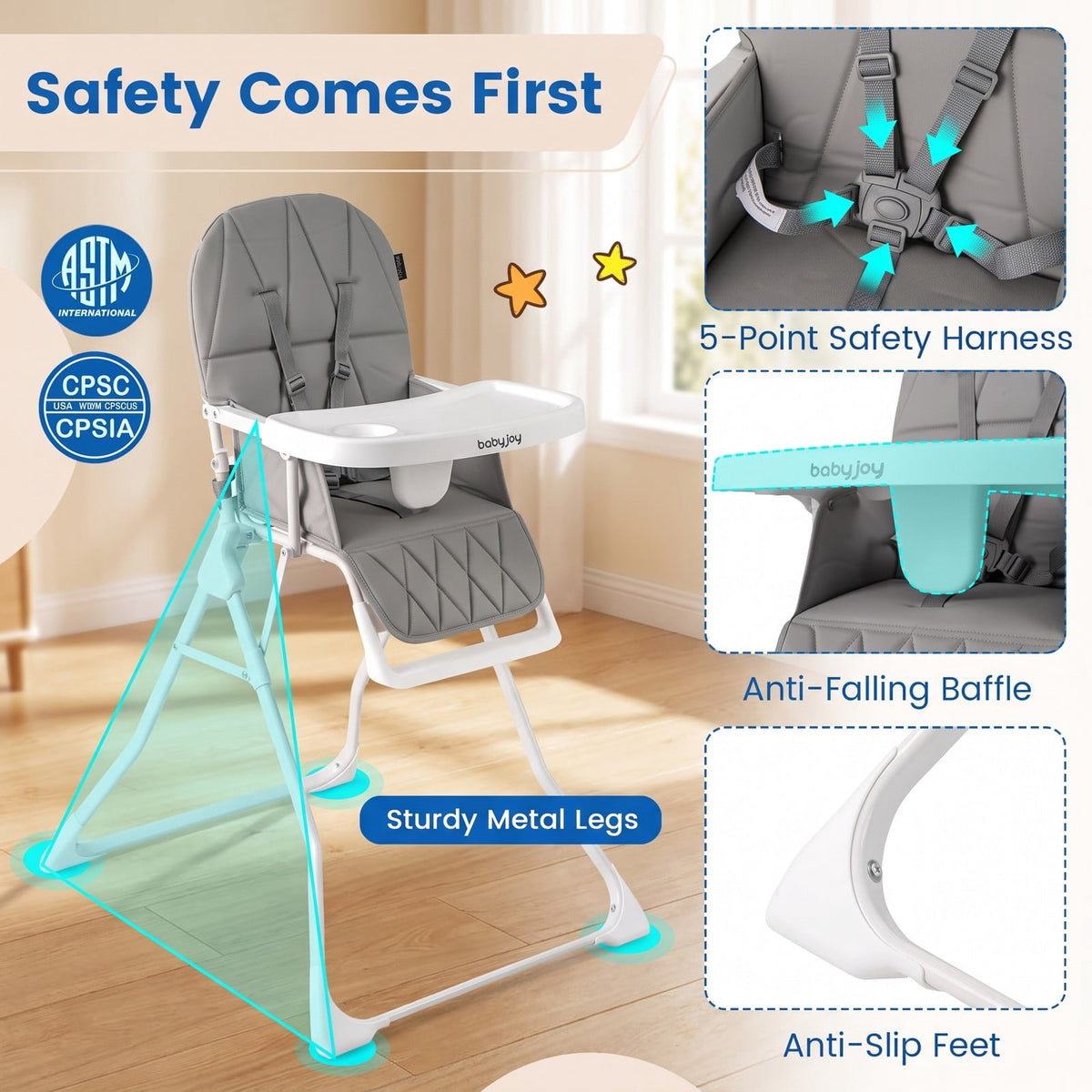 Airfind Easy Clean Compact Highchair with Removable Adjustable Tray and PU Seat Cushion, 33 lbs Capacity, PP Frame, for 6 months-3 years old, Gray