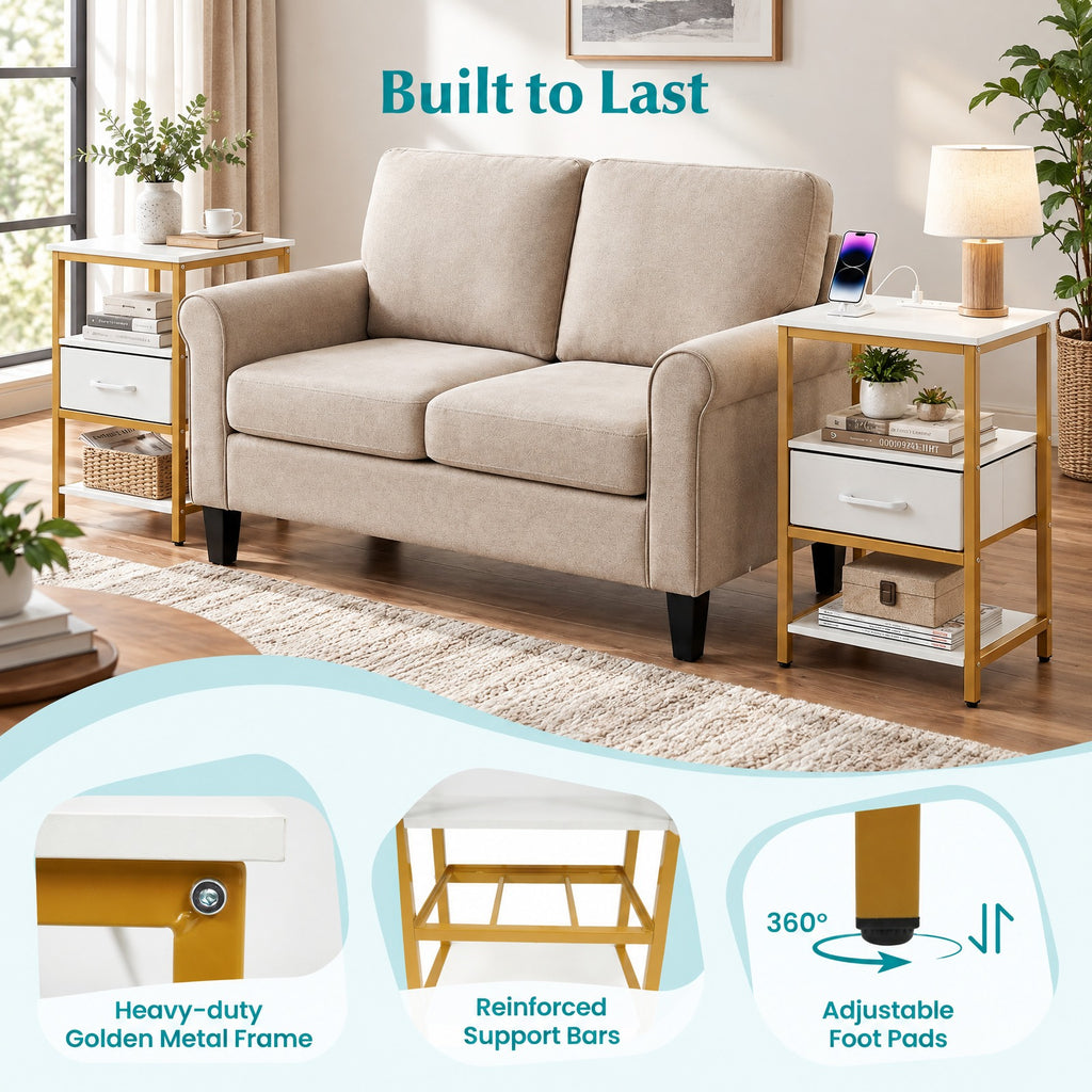 Airfind Nightstand with Charging Station and Adjustable Fabric Drawer for Bedroom and Living Room-1 Piece, 44 lbs Capacity, White and Gold