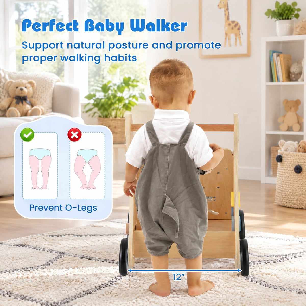 Airfind Wooden Baby Push and Pull Walker with Multi, Lotus Wood Engineered Wood Frame, for 3+ Years Old, 14in x 12in x 18in Footprint, Blue