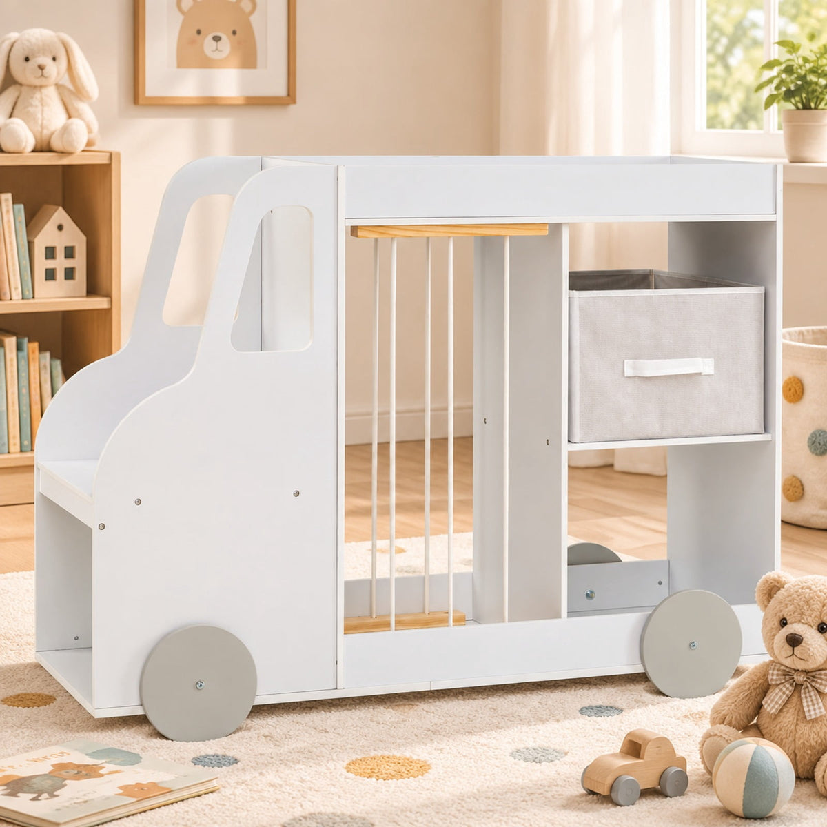 Airfind Toy Storage Organizer with Stuffed Animal Storage Fabric Drawer and Universal Wheels, 35 lbs Capacity, for 3+ Years Old, White