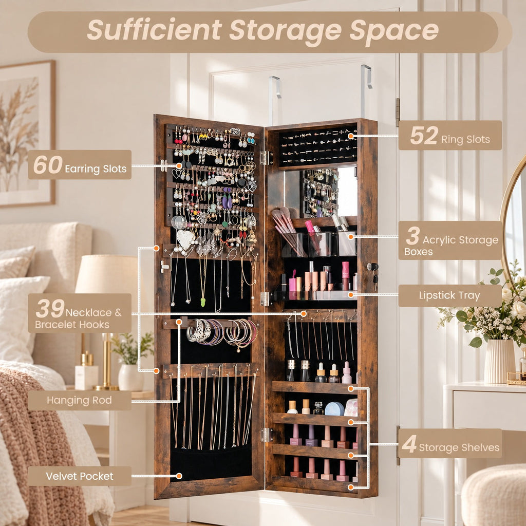 Airfind 43.5 Inch Jewelry Mirror Cabinet with Full-length Mirror and Adjustable Hangers, MDF Frame, Brown