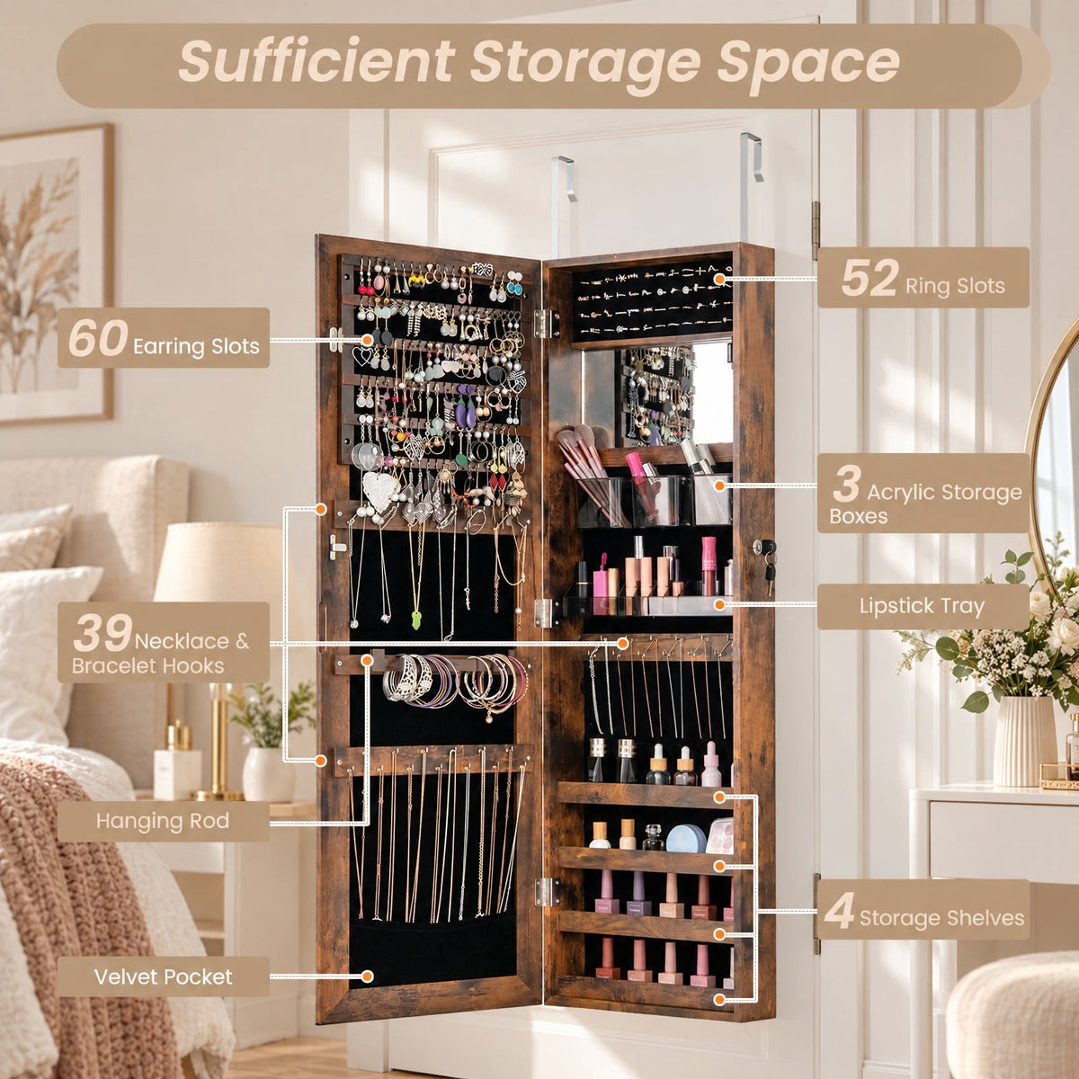 Airfind 43.5 Inch Jewelry Mirror Cabinet with Full-length Mirror and Adjustable Hangers, MDF Frame, Brown