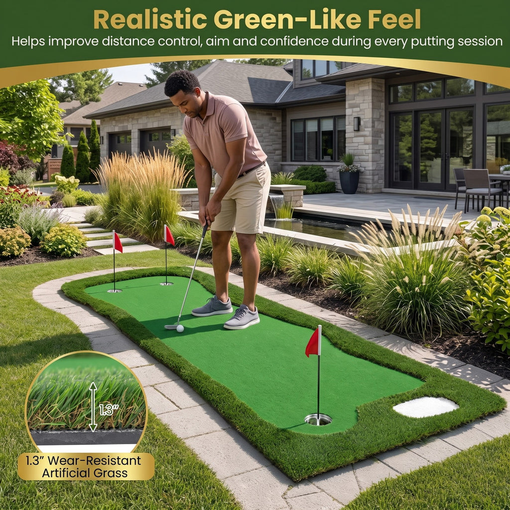 Airfind 10 x 3.5ft Golf Putting Green Mat with 3 Hole Cups and 3 Flags, Indoor Outdoor Practice Putting Training Turf for Home Backyard Garage Office, Green
