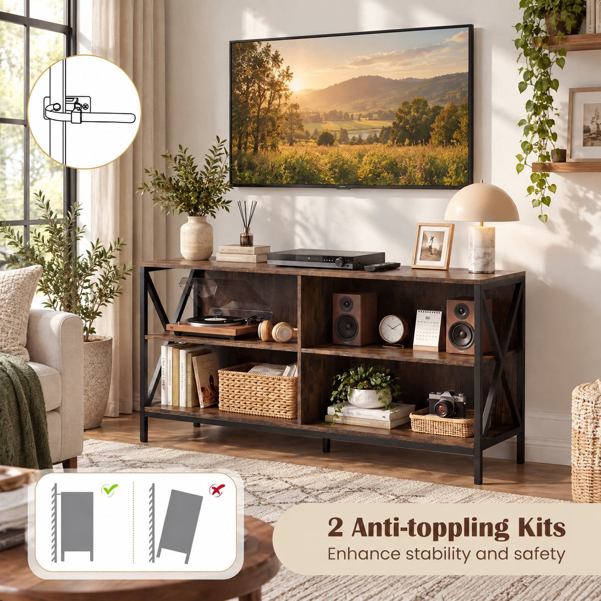 Airfind Wooden TV Stand Entertainment for TVs up to 55 Inch with X-Shaped Frame, 310 lbs Capacity, Engineered Wood MDF Metal Frame, Brown