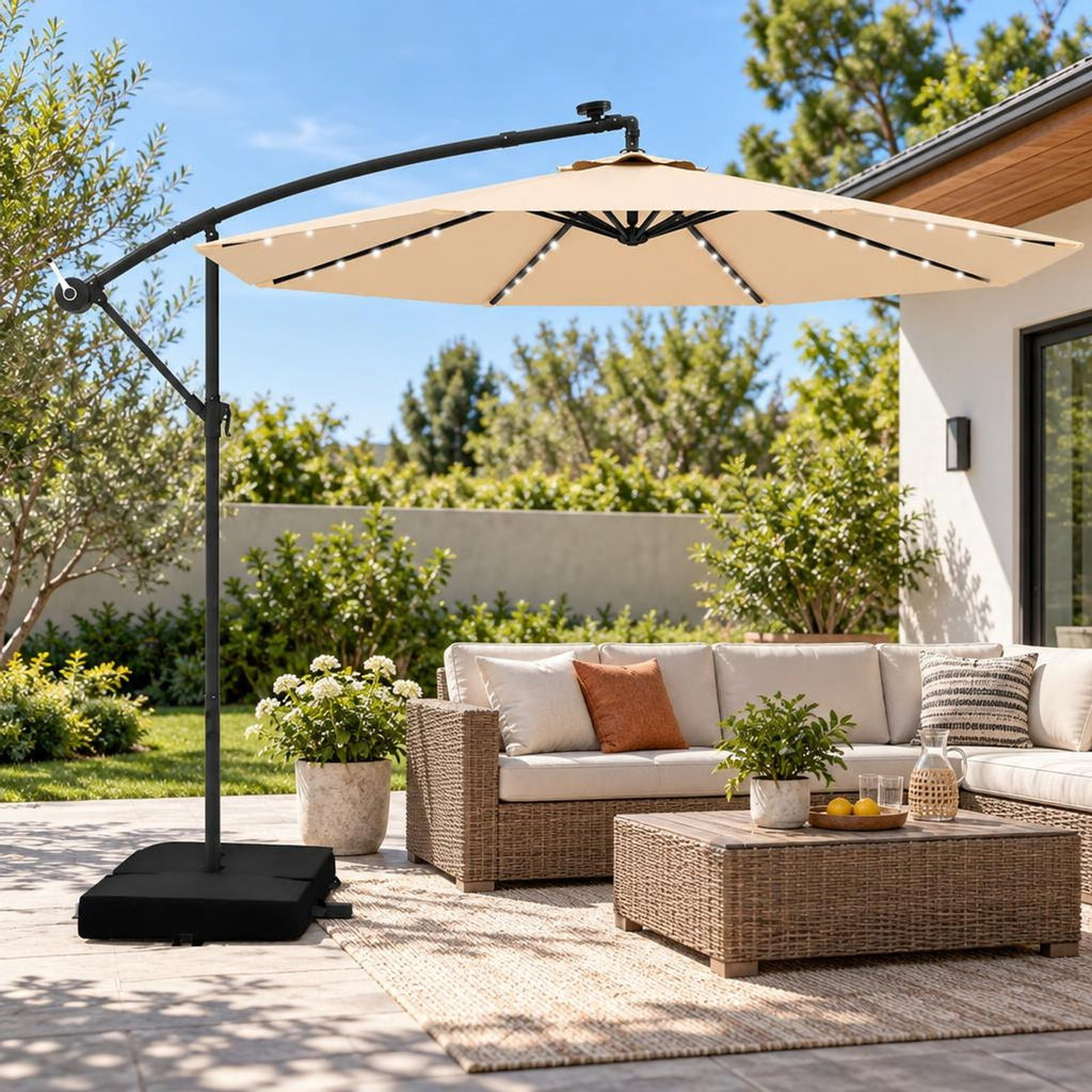 Airfind 10 Feet Cantilever Umbrella with 32 LED Lights and Solar Panel Batteries, Polyester Fabric Metal Oxford Fabric Frame, Beige