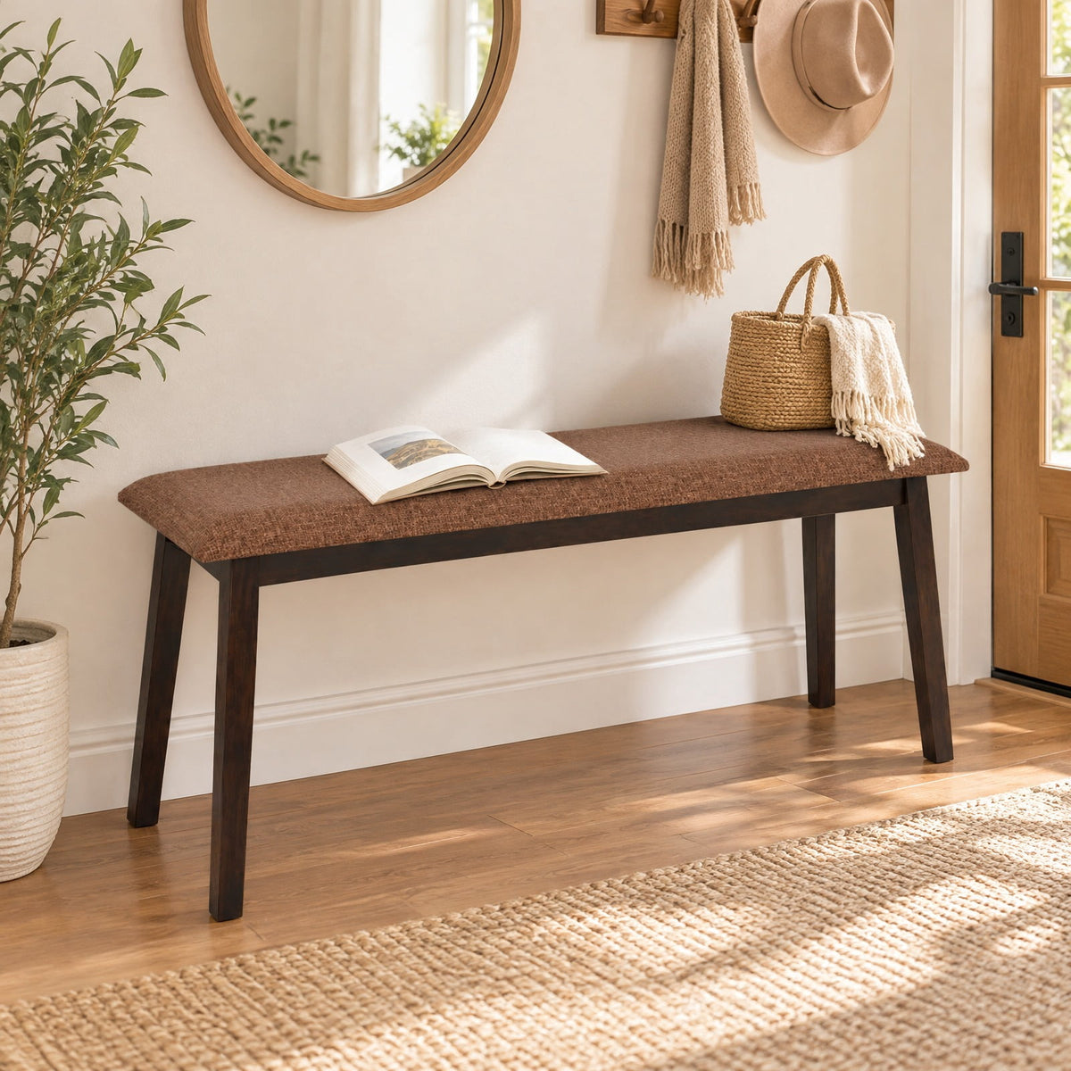 Airfind 43.5 Inch Upholstered Entryway Bench with Rubber Wood Frame, 550 lbs Capacity, Faux Linen Fabric Frame, 43.5 Inch x 14 Inch x 18 Inch Footprint, Brown
