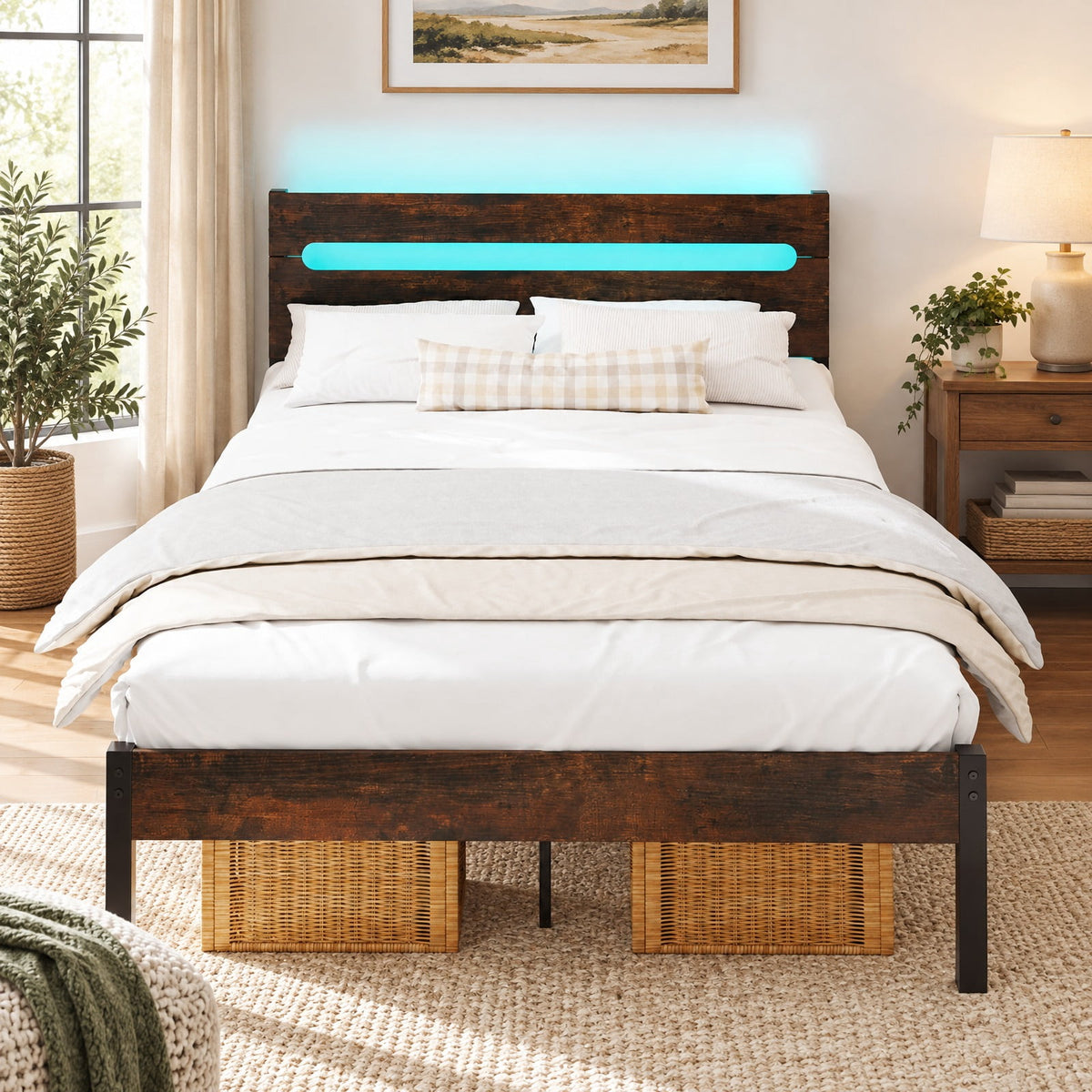 Airfind Heavy-Duty Metal Slats Support Bed Platform with Charging Station, 880 lbs Capacity, Metal Engineered Wood Frame, Brown