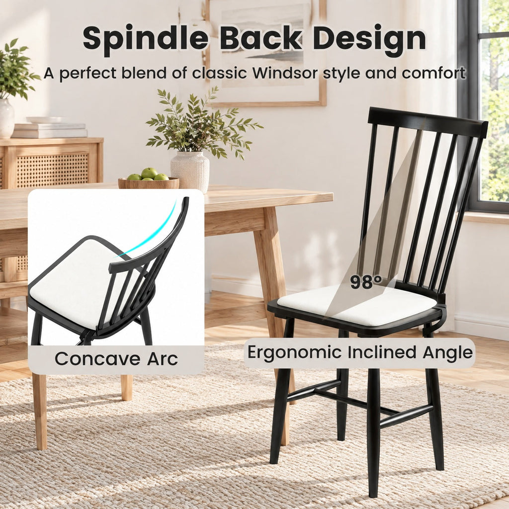 Airfind Dining Chairs Set of 2 Farmhouse Solid Rubber Wood Windsor Chairs with Removable Seat Cushions, 420 lbs Capacity, Black