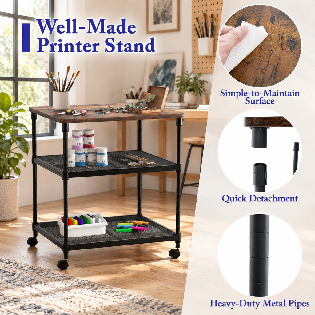 Airfind 3 Tier Printer Stand Rolling Fax Cart with Adjustable Shelf and Swivel Wheels, Engineered Wood Iron Frame, 24 x 20 x 27 Footprint, Coffee