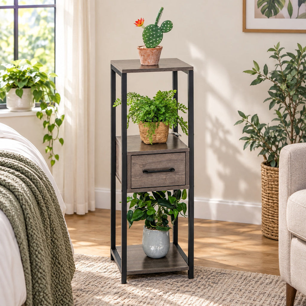 AIRFIND Plant Stand with Three Display Tiers and Storage Drawer, Tall Metal Frame Shelf for Potted Plants, 12 x 12 x 36 in, Gray and Black