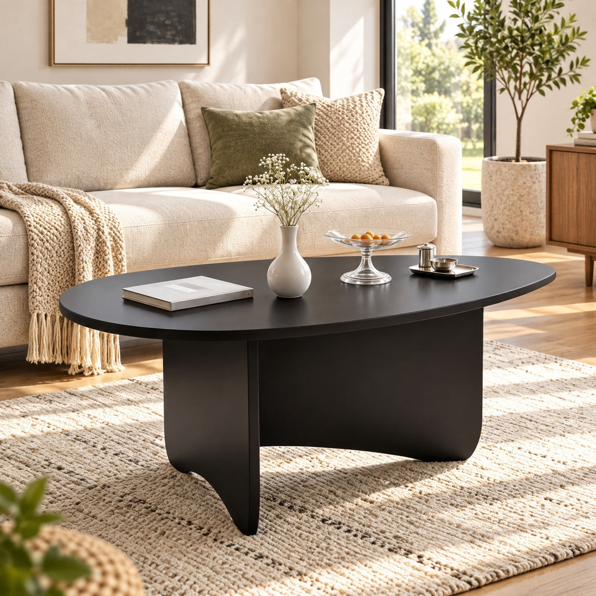 Airfind Oval Coffee Table Mid Century Modern Accent Table Low Profile Wooden Center Table, 35.5 x 21.5 x 15Weight Footprint, Black