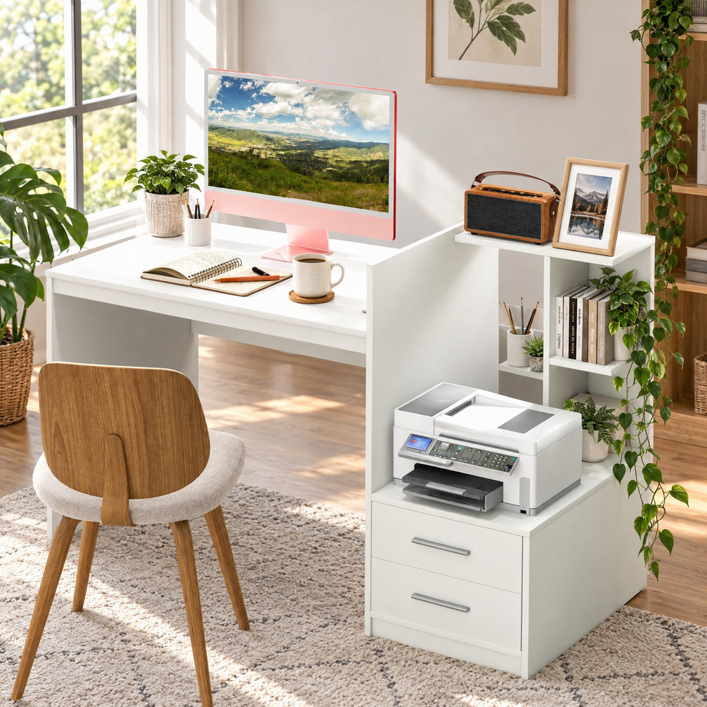 Airfind Computer Desk Home Office with Bookshelf and Drawers, 110 lbs Capacity, MDF Frame, 51 x 24 x 35.5 Footprint, White