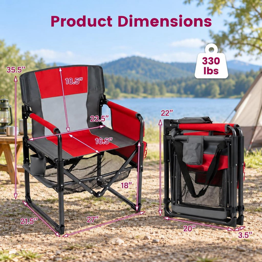 Airfind Heavy Duty Outdoor Camping Chair with Cup Holder and Side Pocket, 330 lbs Capacity, Metal Nylon Mesh PVC Fabric PP Frame, Red
