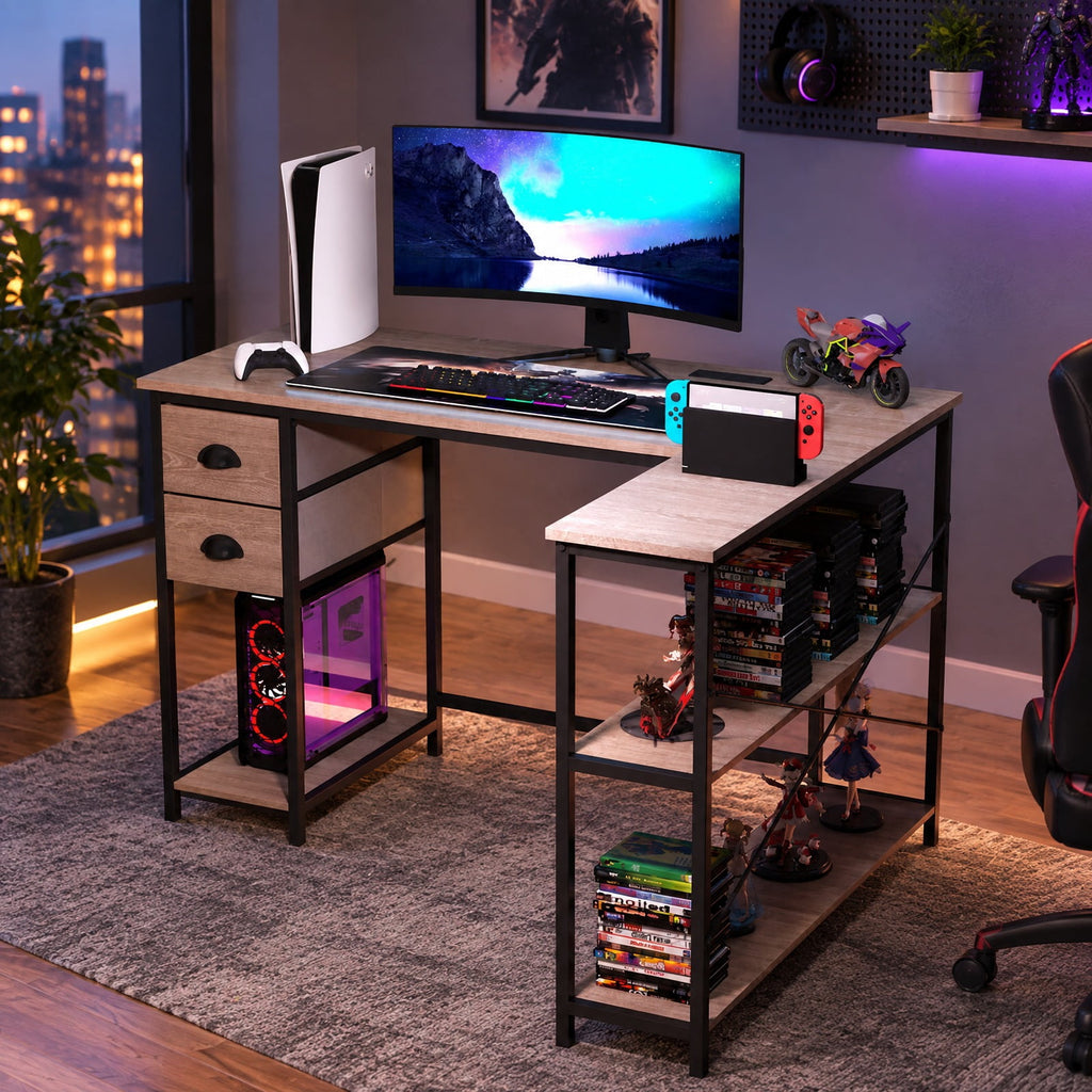 Airfind L Shaped Desk with Charging Station Corner Computer Desk with 2 Fabric Drawers, 110 lbs Capacity, Engineered Wood Metal Fabric Frame