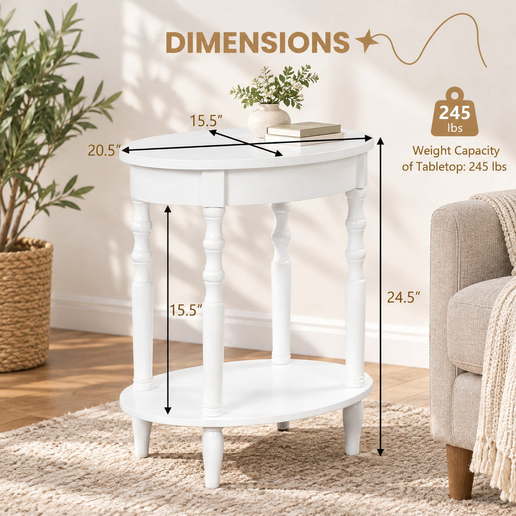 Airfind 2-Tier Oval Side Table with Storage Shelf and Solid Wood Legs, 245 lbs Capacity, MDF Rubber Wood Frame, White