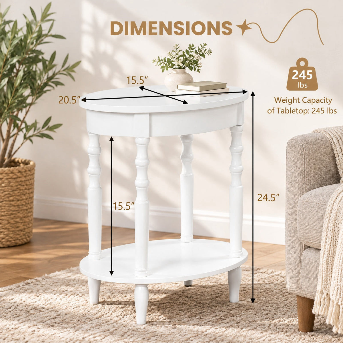 Airfind 2-Tier Oval Side Table with Storage Shelf and Solid Wood Legs, 245 lbs Capacity, MDF Rubber Wood Frame, White
