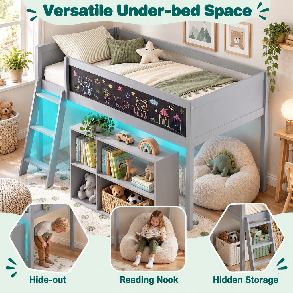 Airfind Twin Size Kids Loft Bed with LED Lights and Removable Bookcase, 350 lbs Capacity, Solid Wood Plywood Engineered Wood Frame, Gray