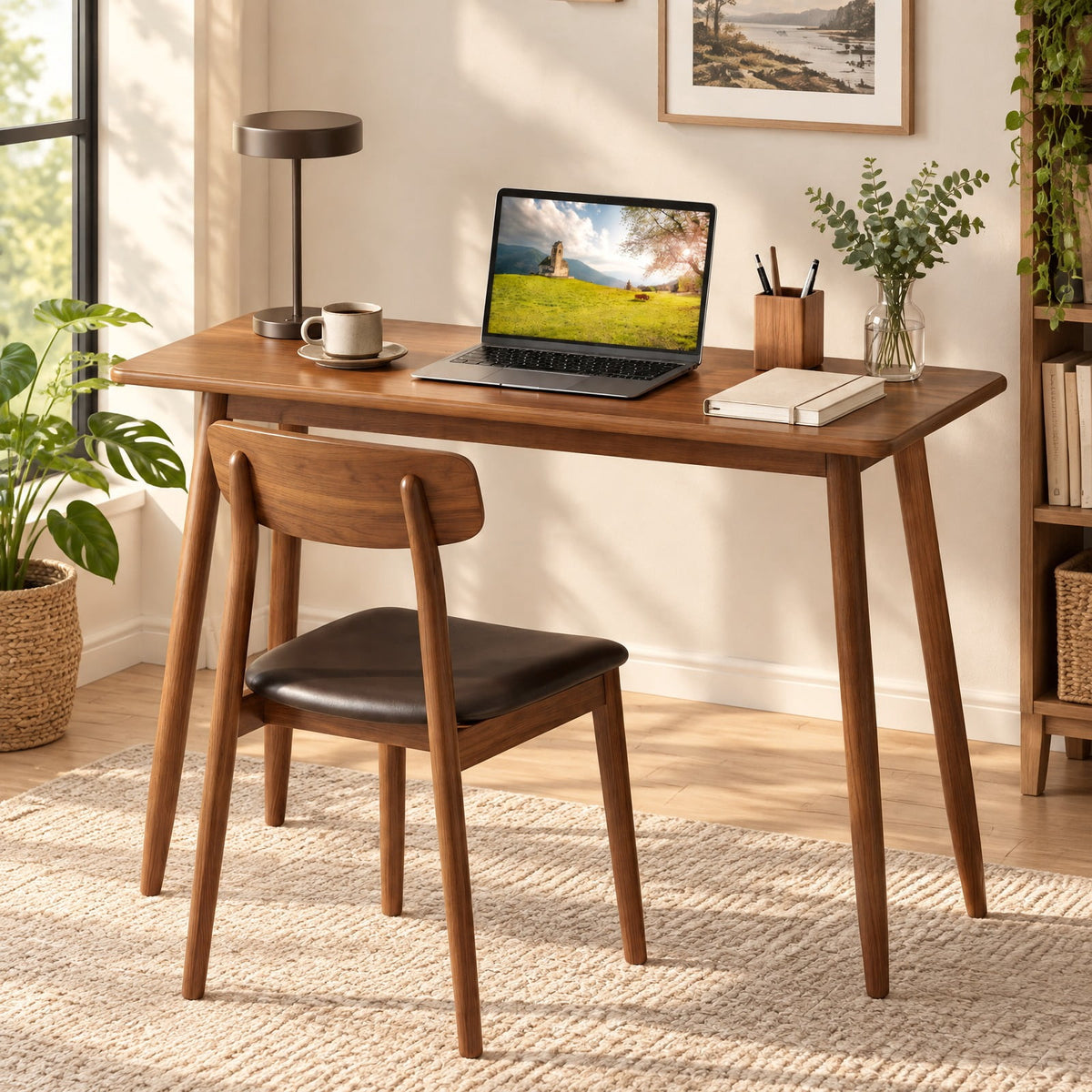 Airfind Computer Desk with Rubber Wood Legs Wooden Writing Desk with Spacious Tabletop, 40 x 15.5 x 39.5Weight Footprint, Walnut