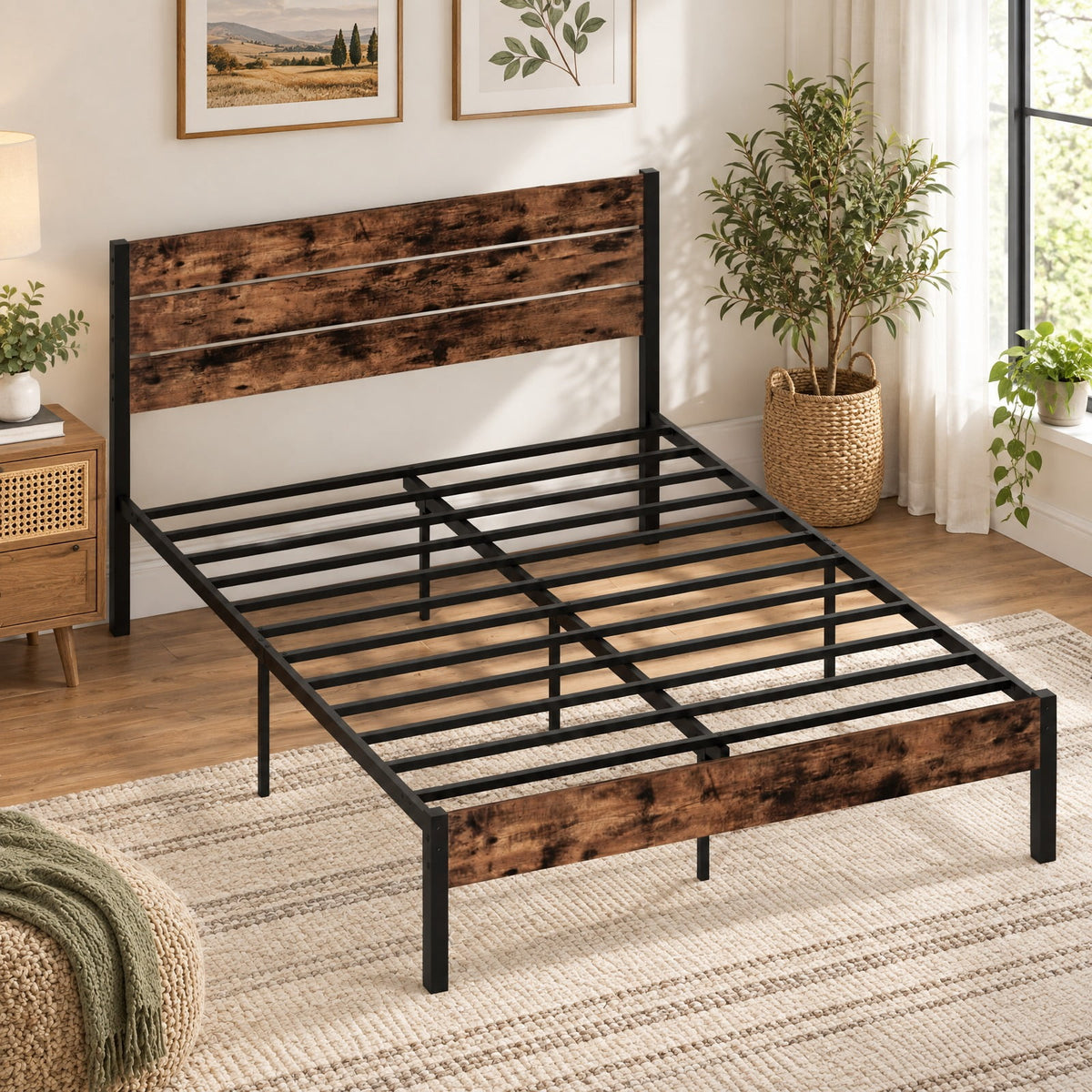 Airfind Queen Metal Bed Frame with Wood Headboard, 12 Slats, Under-Bed Storage, No Box Spring, Rustic Brown
